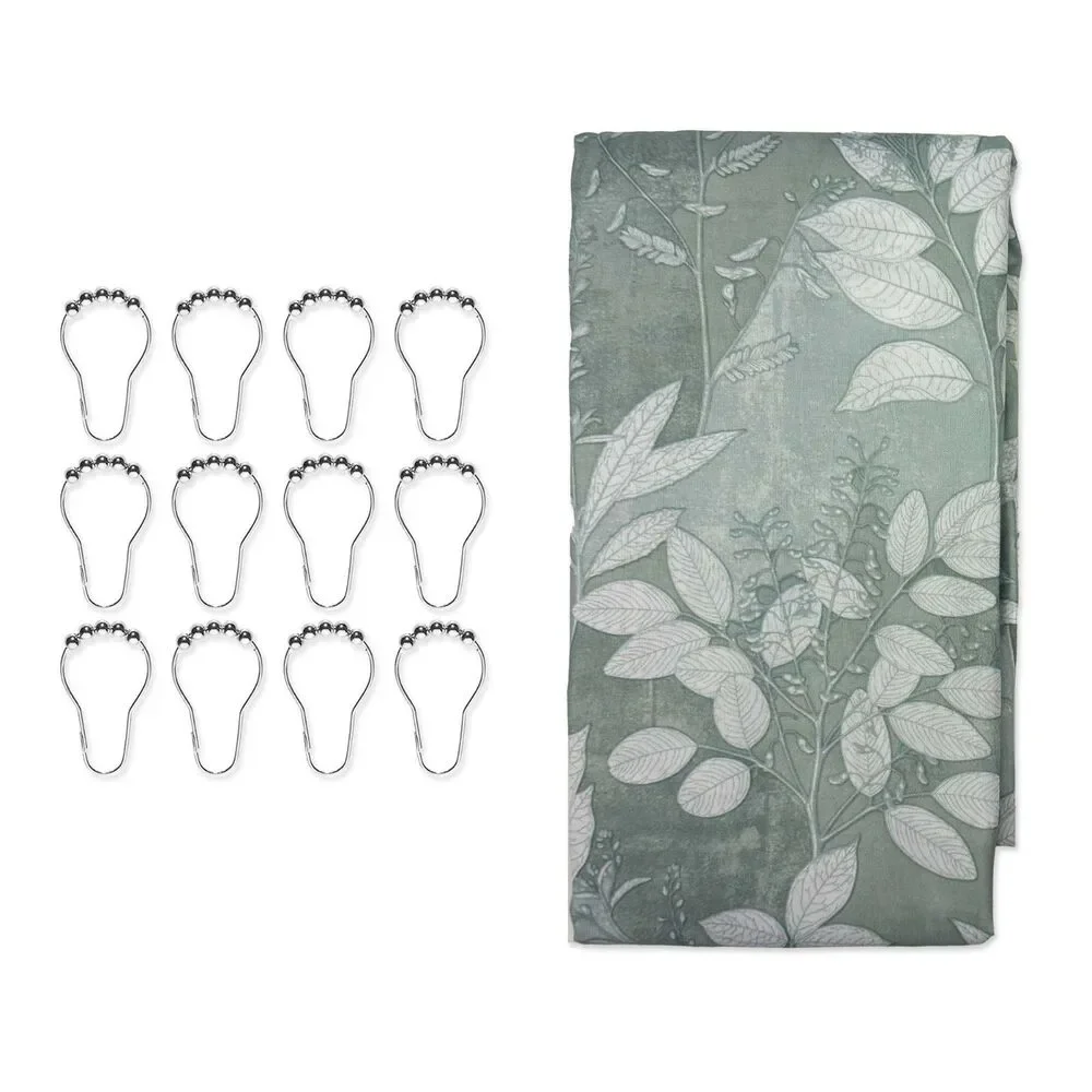 Green Botanical Fabric Shower Curtain with Metal Roller Hooks 13-pc Bath NEW